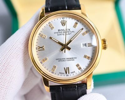 Rolex Datejust 8215 Movement 40mm 316L Steel Italian Leather Strap Gold Bezel Watch